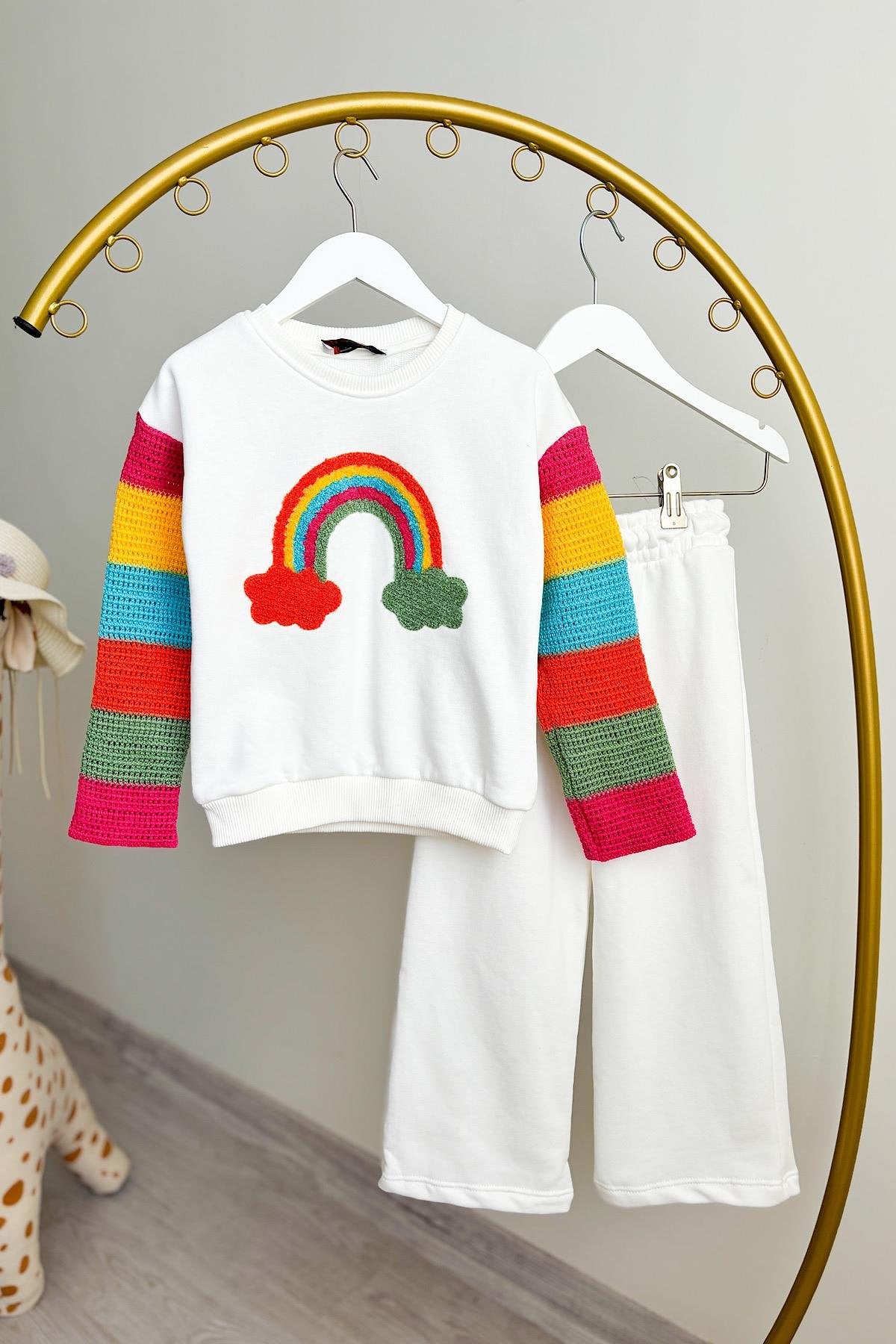 Kız Çocuk Örgü Motifli Sweatshirt Şardonlu Takım