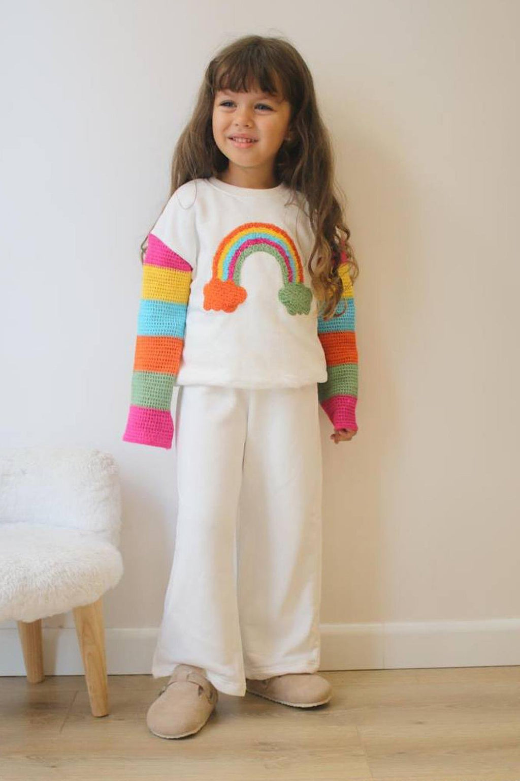 Kız Çocuk Örgü Motifli Sweatshirt Şardonlu Takım