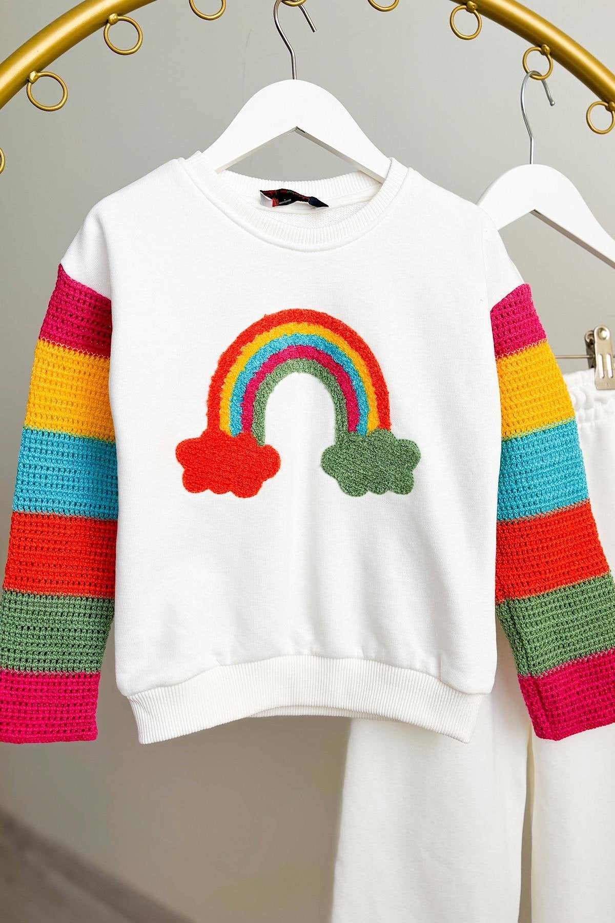 Kız Çocuk Örgü Motifli Sweatshirt Şardonlu Takım