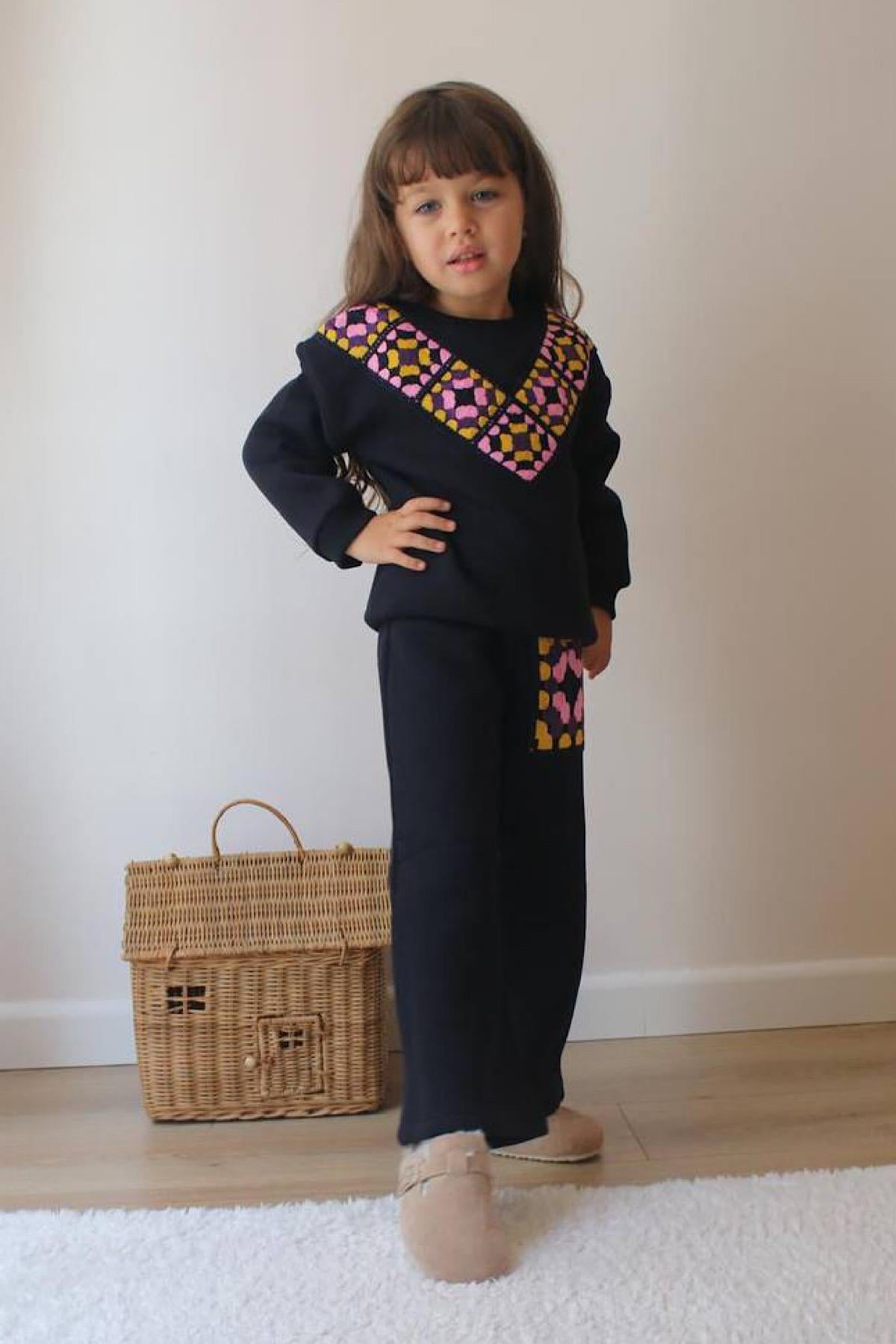 Kız Çocuk Örgü Motifli Sweatshirt Şardonlu Takım