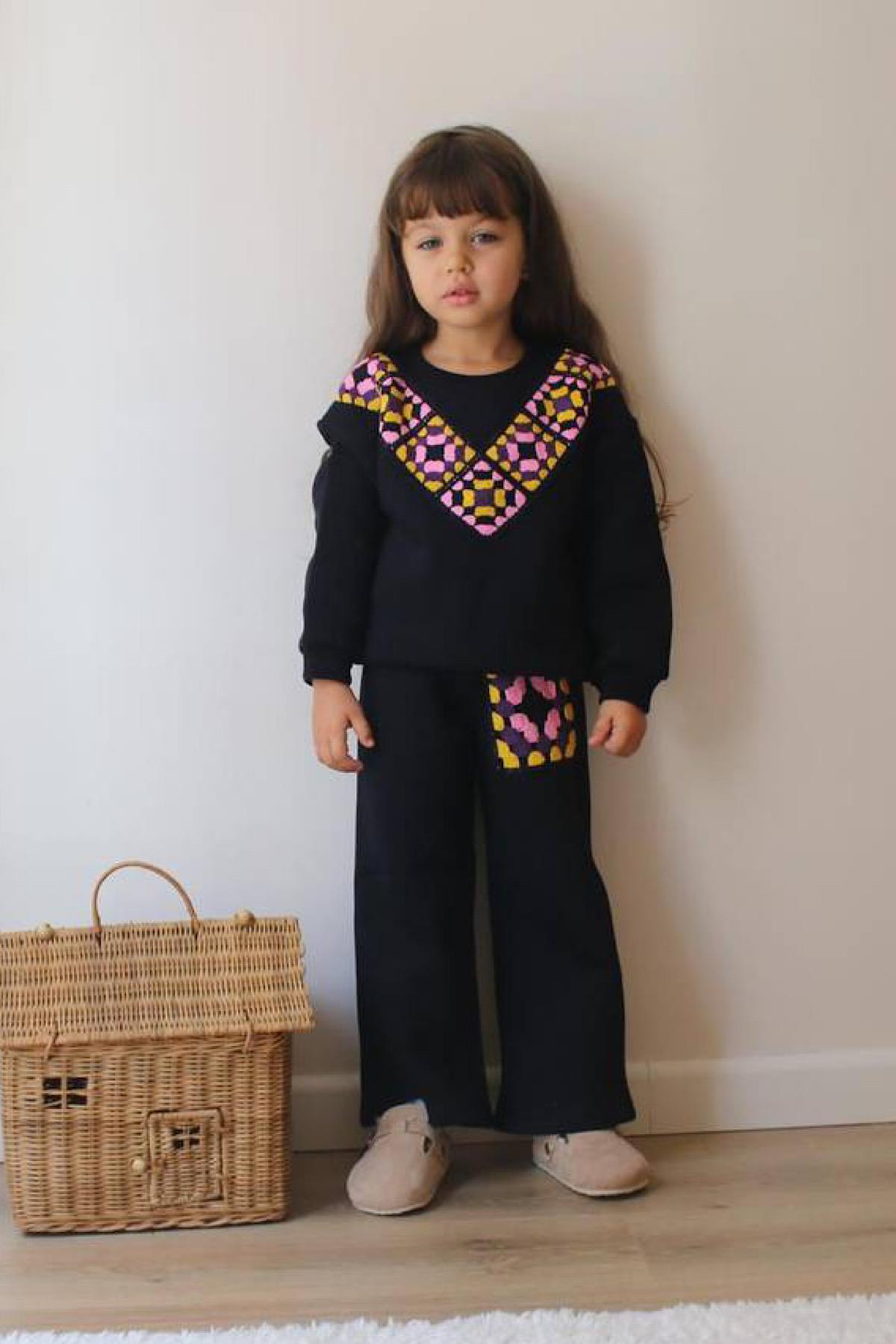 Kız Çocuk Örgü Motifli Sweatshirt Şardonlu Takım