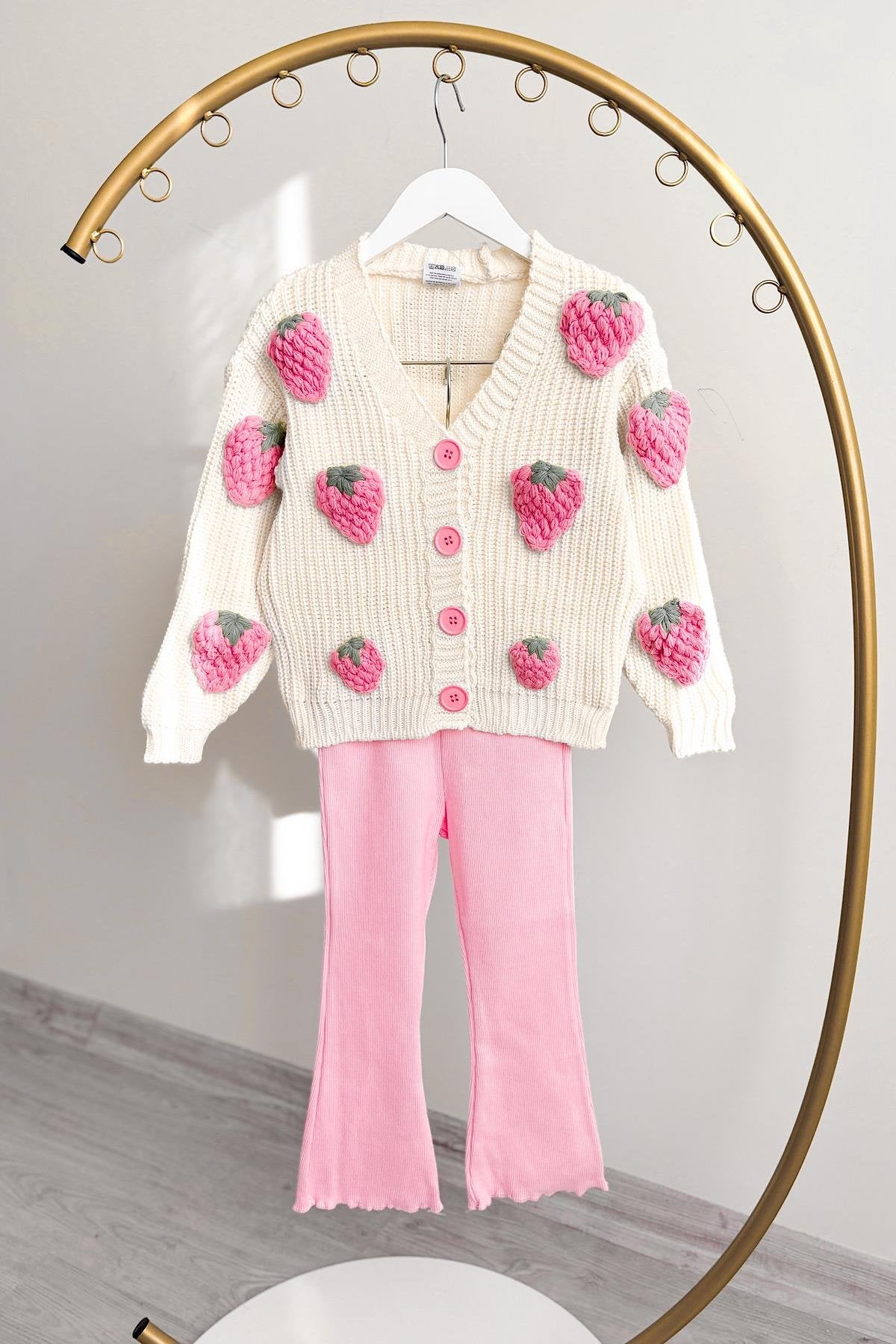 Kız Çocuk Çilek Aplikeli Triko Hırka Takım