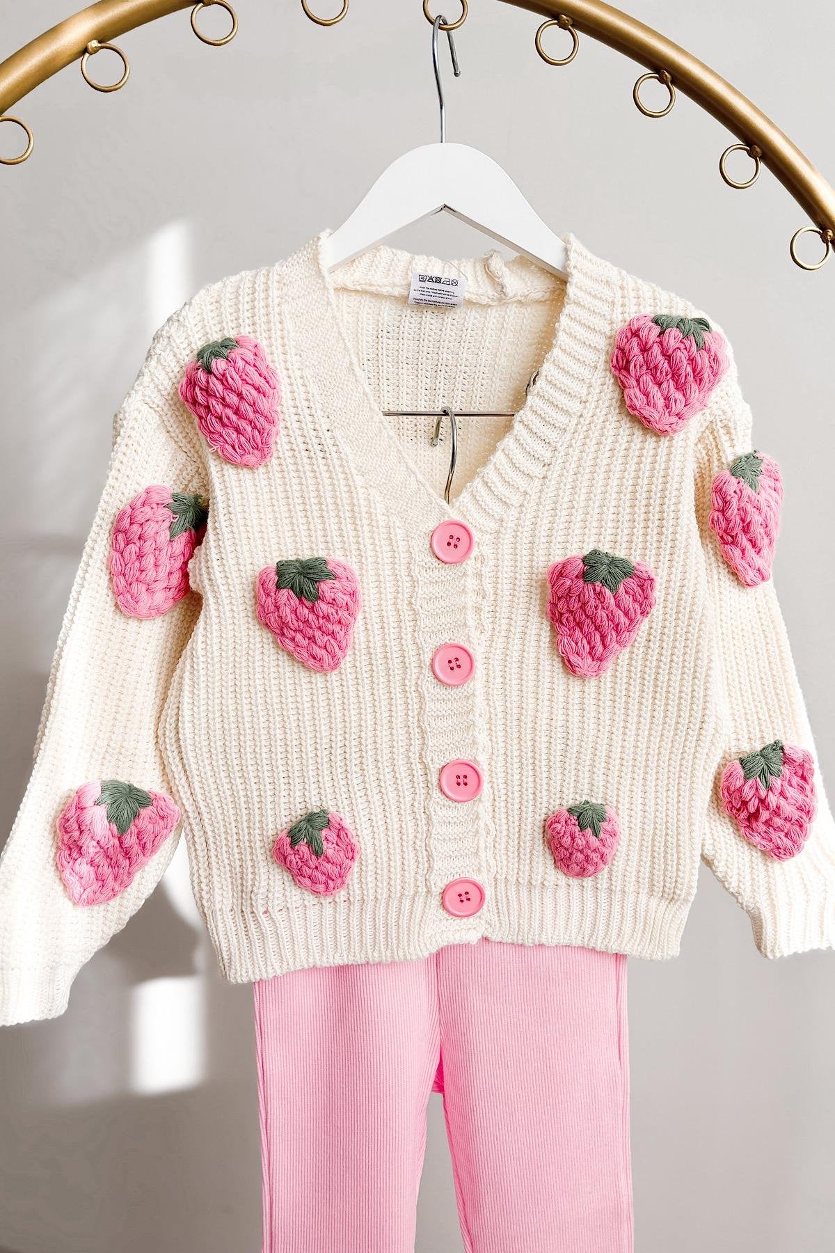 Kız Çocuk Çilek Aplikeli Triko Hırka Takım