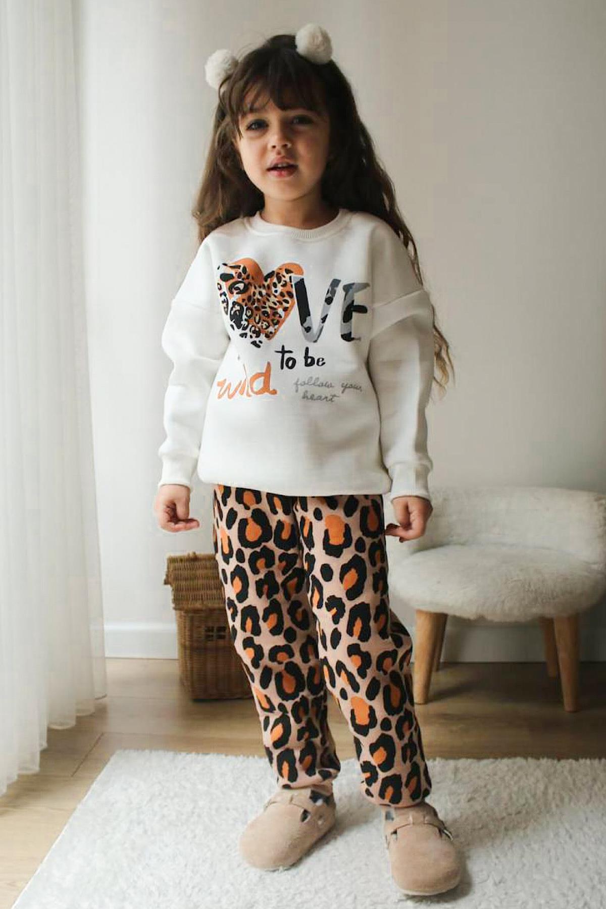 Kız Çocuk Leopar Sweatshirt Şardonlu Takım
