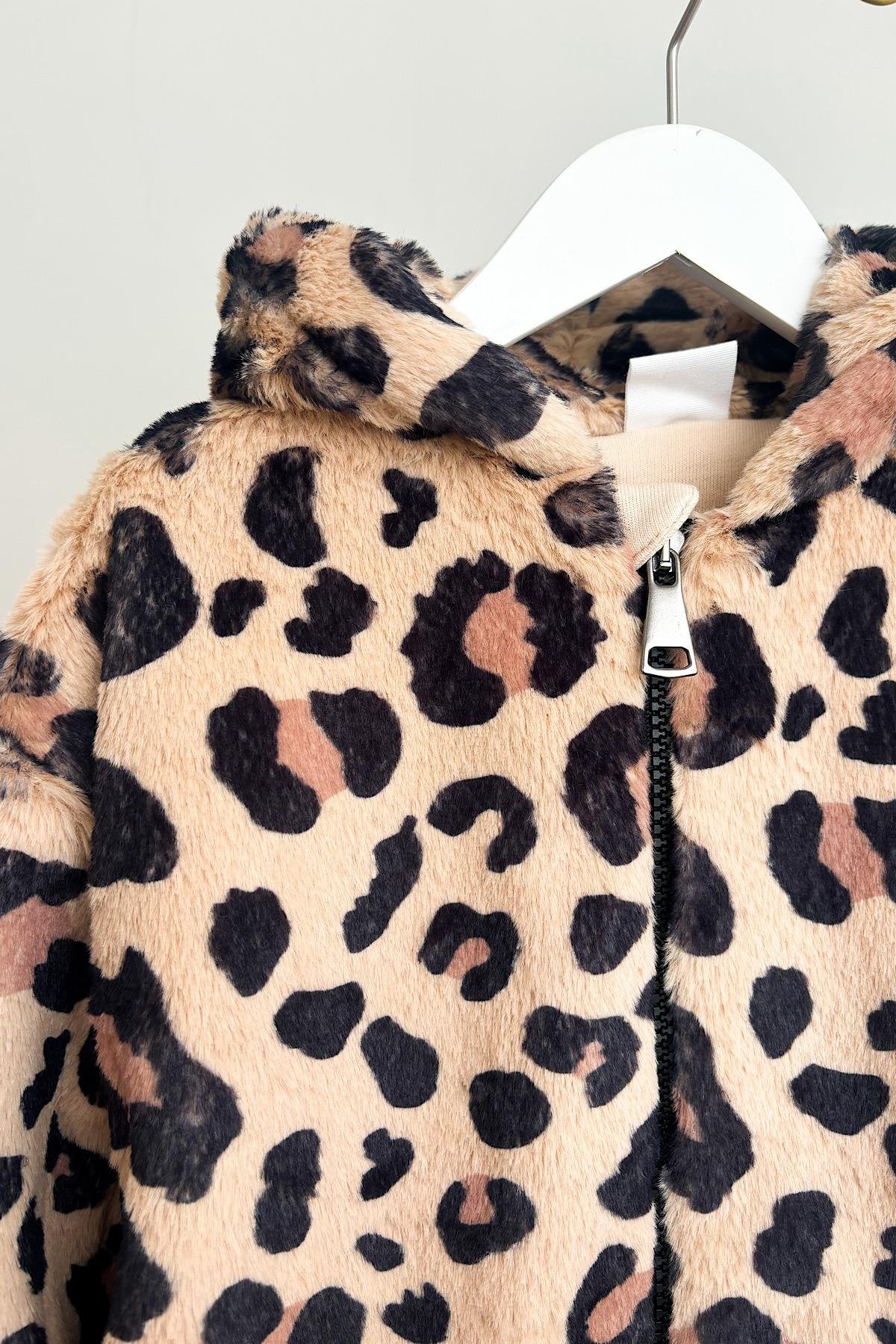 Kız Çocuk Leopar Kürk Mont