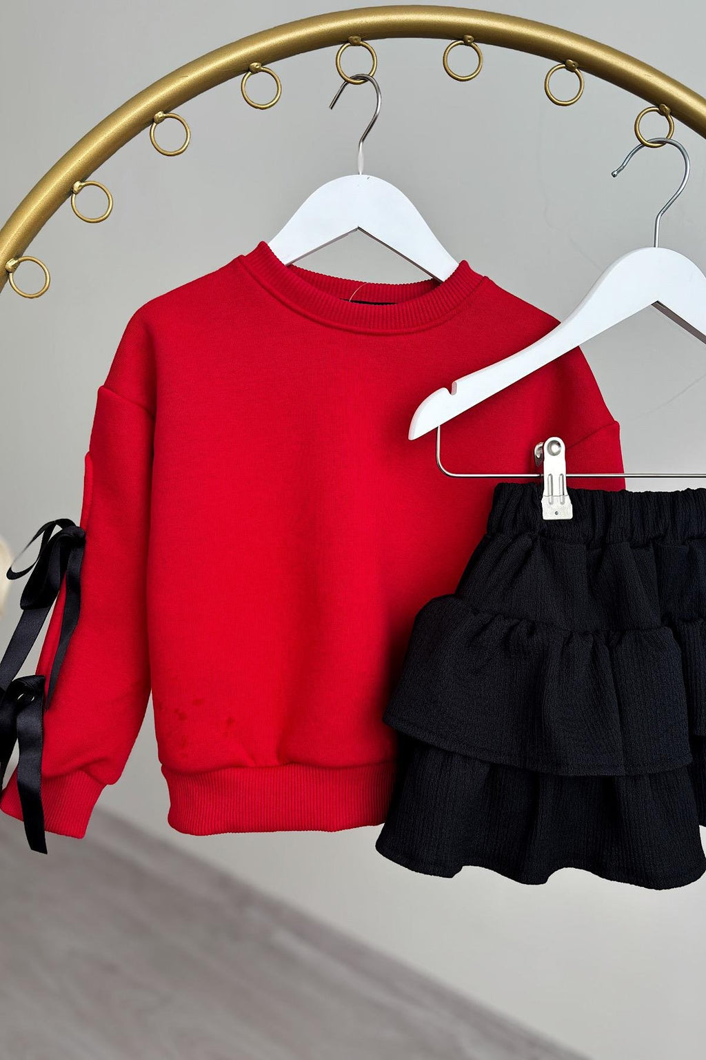 Kız Çocuk Kol Kurdele Detay Etek Takım