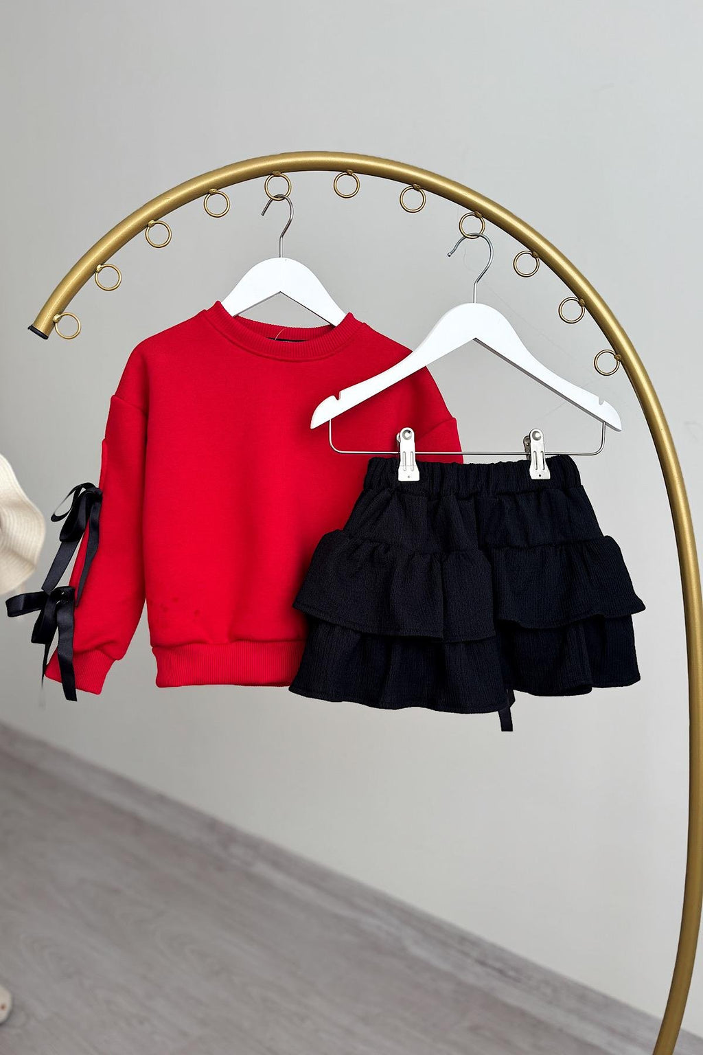 Kız Çocuk Kol Kurdele Detay Etek Takım