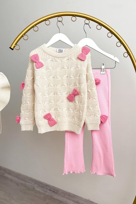 Kız Çocuk Kurdele Detaylı Triko Takım