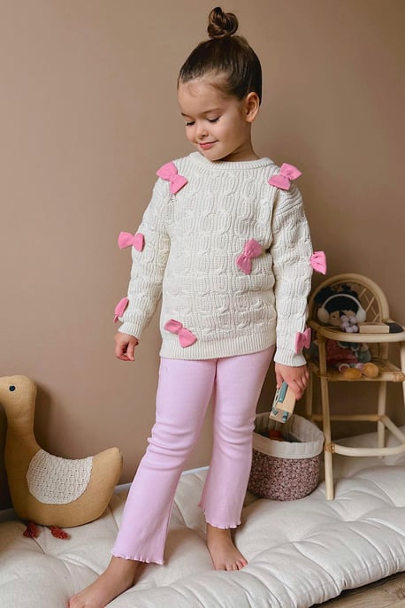 Kız Çocuk Kurdele Detaylı Triko Takım