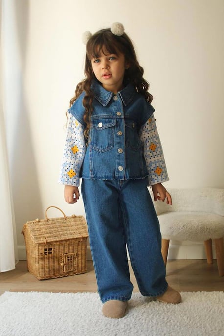 Kız Çocuk Örgü Motifli Denim Ceket Pantolon Takım