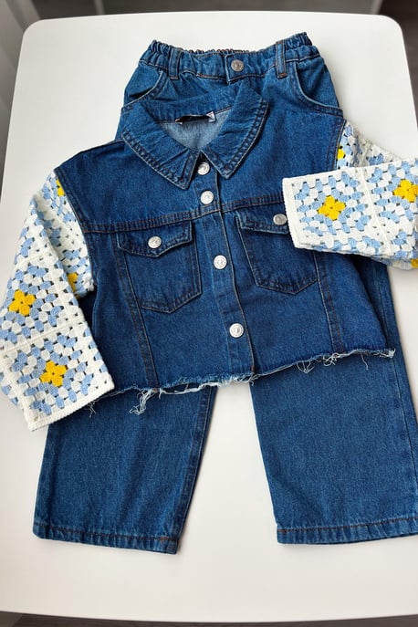 Kız Çocuk Örgü Motifli Denim Ceket Pantolon Takım