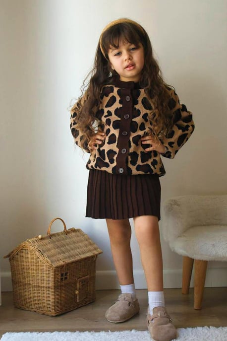 Kız Çocuk Leopar Triko Etekli Takım