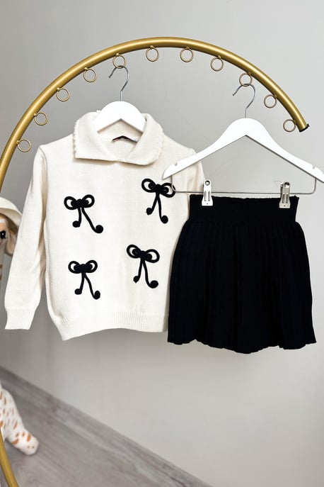 Kız Çocuk Kurdele Detay Triko Etekli Takım
