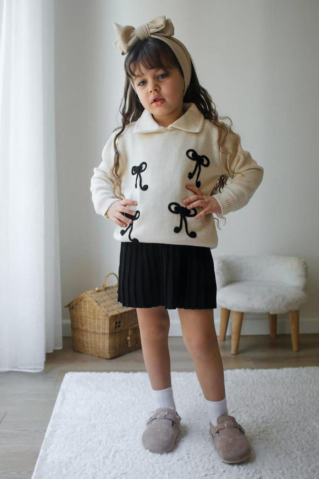 Kız Çocuk Kurdele Detay Triko Etekli Takım