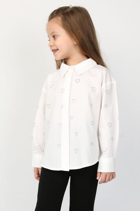 Kız Çocuk Kalp Taşlı Dokuma Gömlek