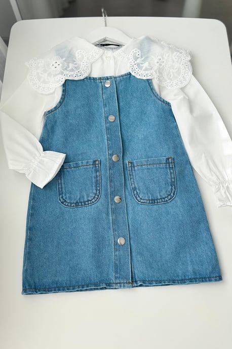 Kız Çocuk Gömlek Kot Elbise Takım