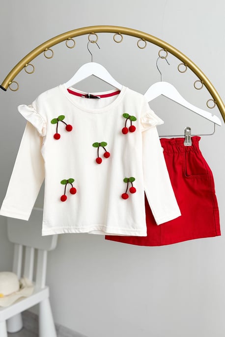Kız Çocuk Kiraz Detay Etekli Takım