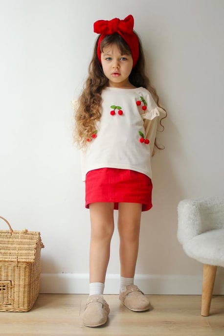 Kız Çocuk Kiraz Detay Etekli Takım