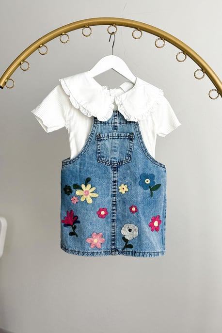 Kız Çocuk Çiçek Nakışlı Kot Elbise