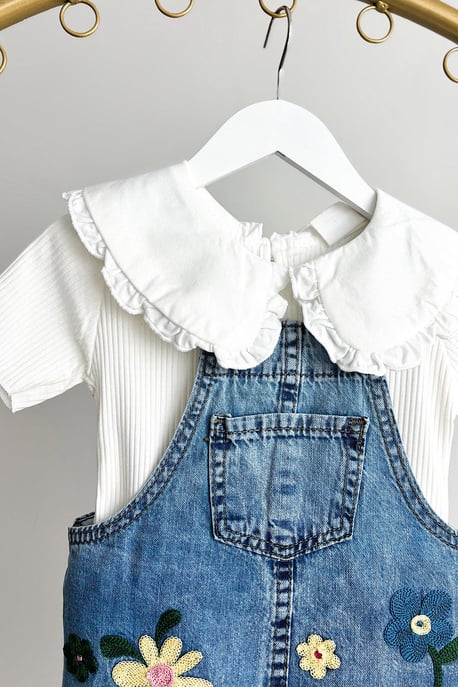 Kız Çocuk Çiçek Nakışlı Kot Elbise