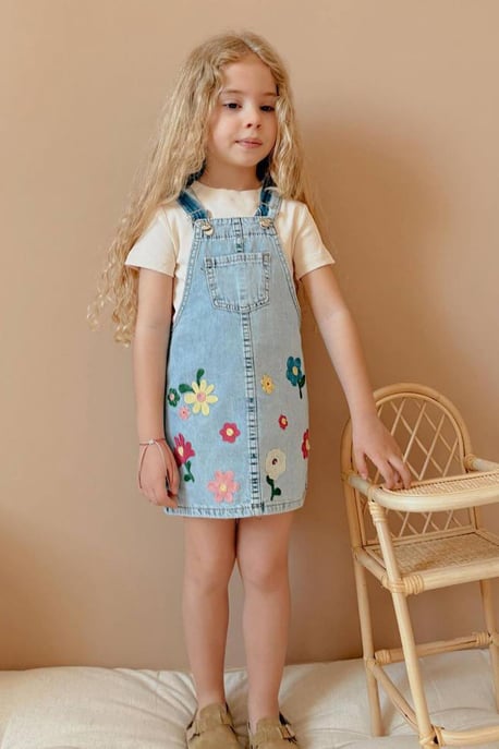 Kız Çocuk Çiçek Nakışlı Kot Elbise