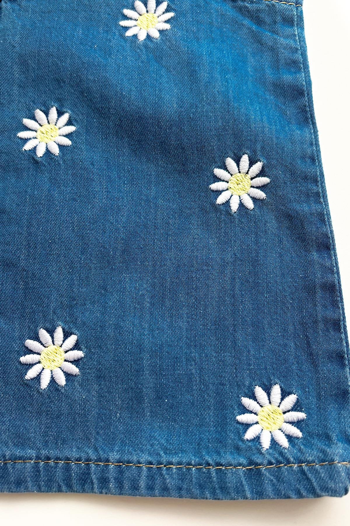 Kız Çocuk Papatya İşleme Kot Elbise