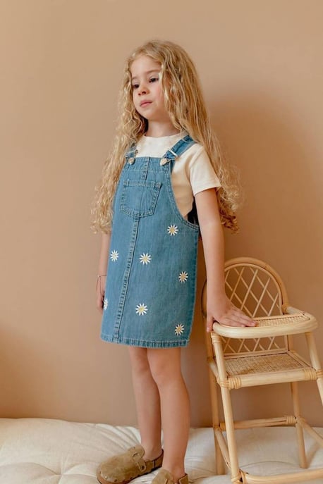 Kız Çocuk Papatya İşleme Kot Elbise