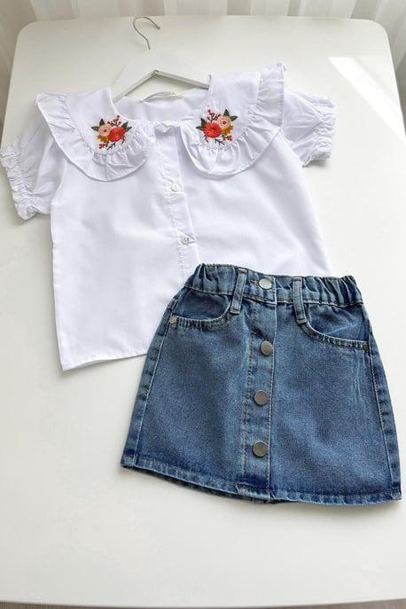 Kız Çocuk Gömlek Kot Etek Takım
