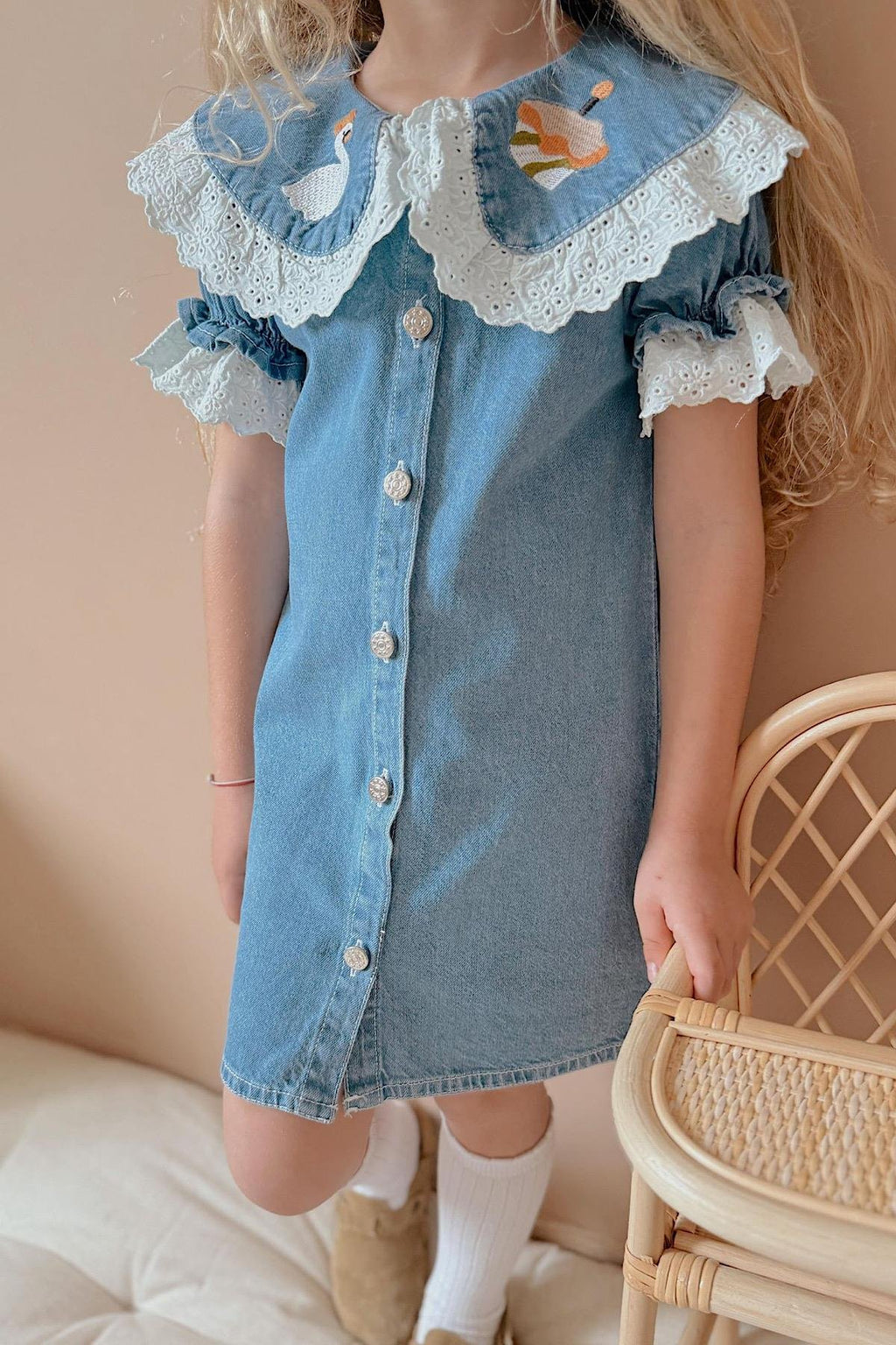 Kız Çocuk Yaka Detay Kot Elbise