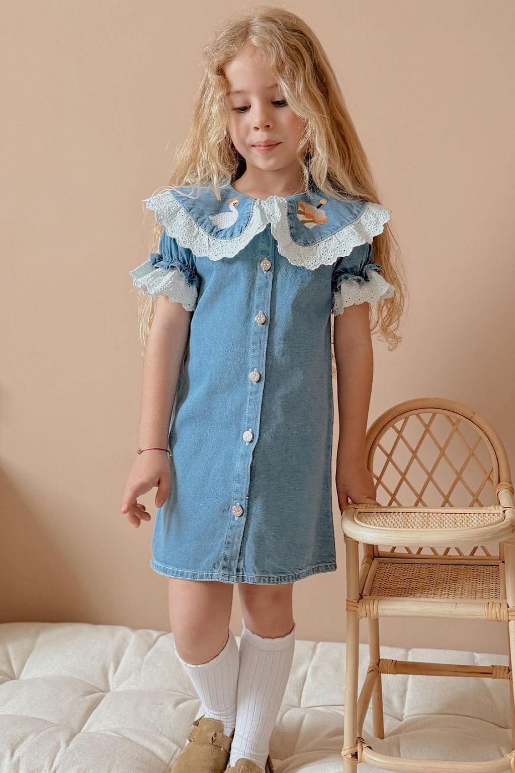 Kız Çocuk Yaka Detay Kot Elbise