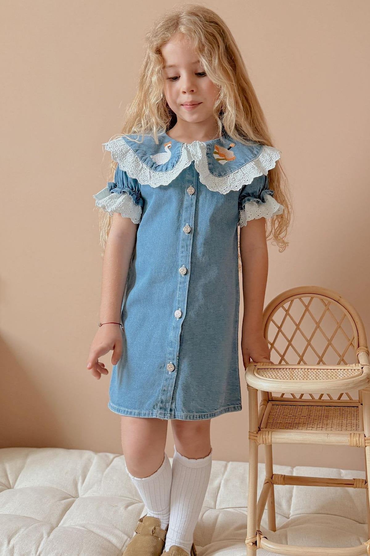 Kız Çocuk Yaka Detay Kot Elbise