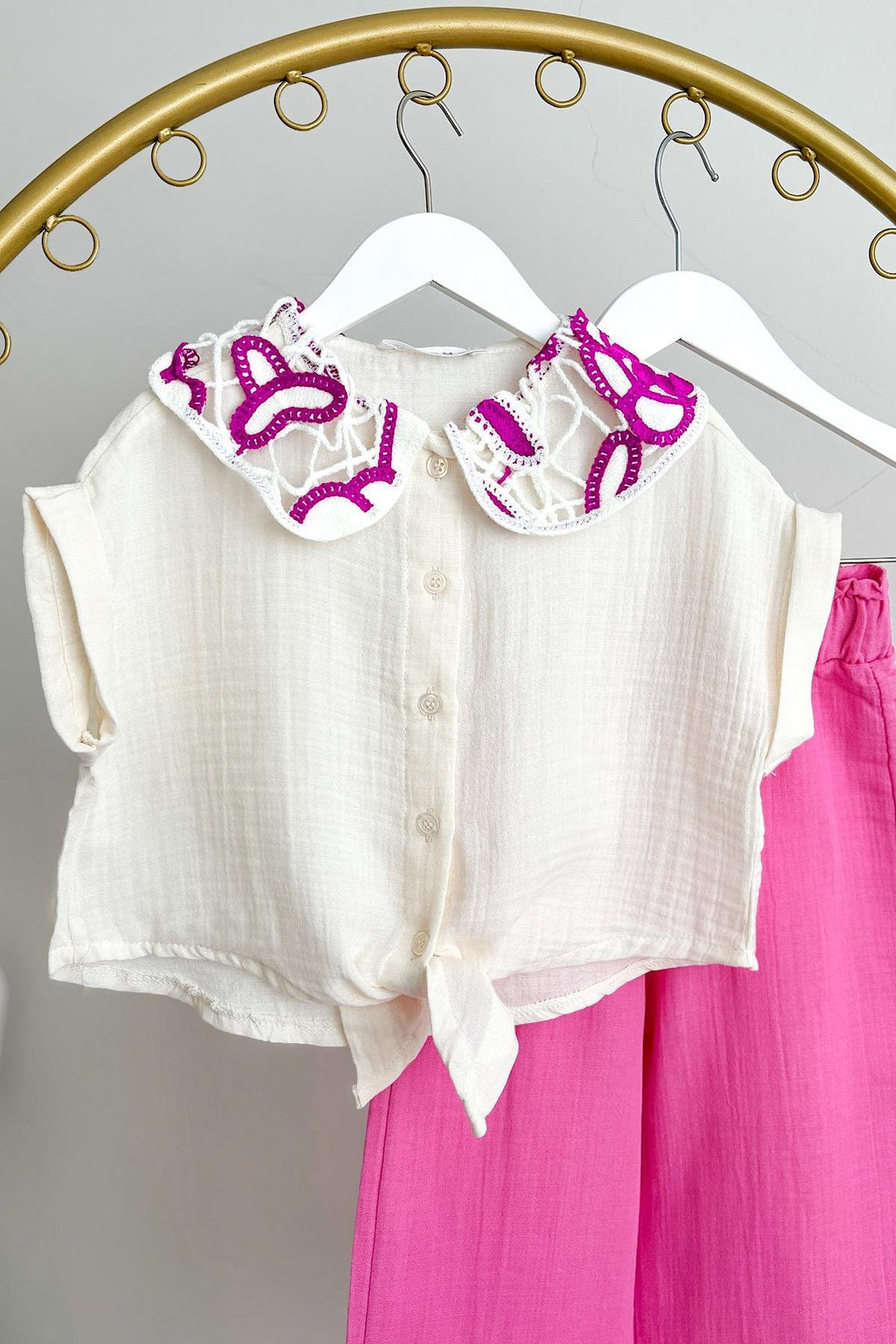 Kız Çocuk Örme Yaka Müslin Takım