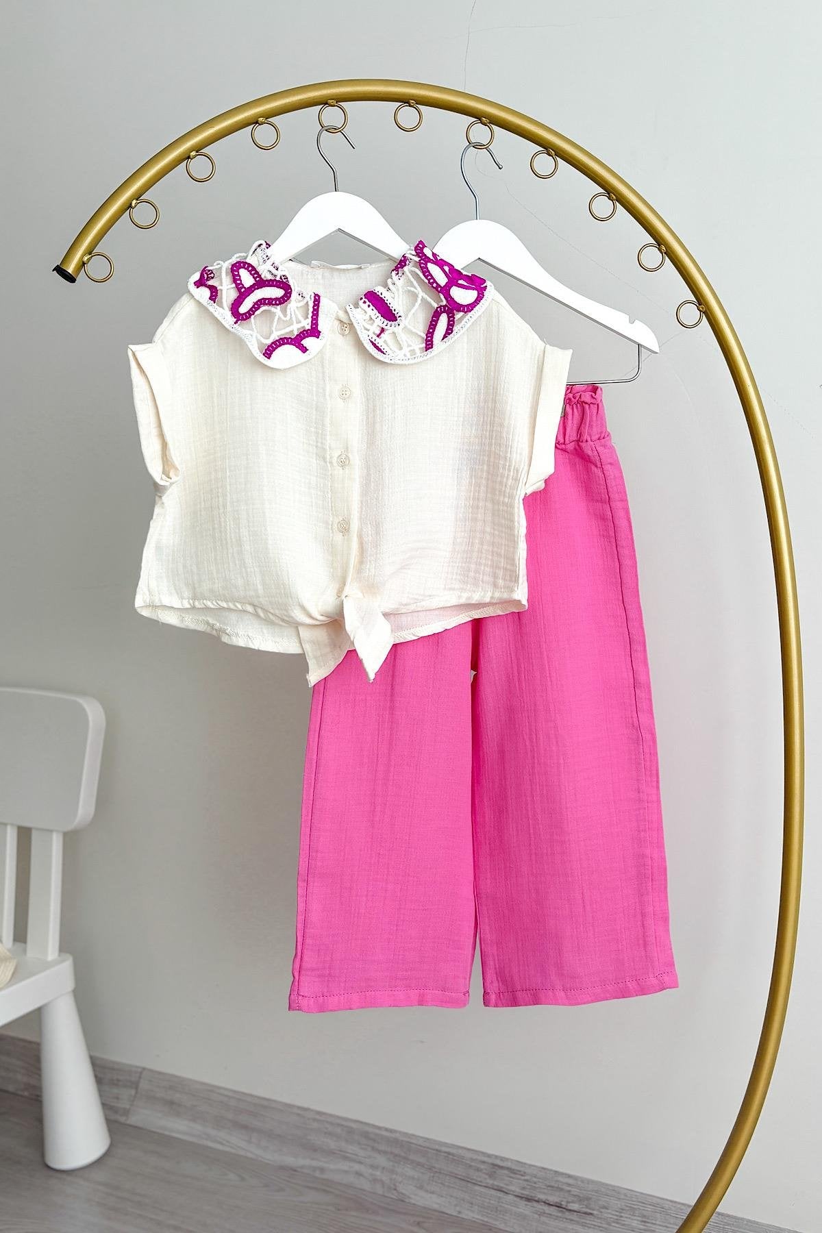 Kız Çocuk Örme Yaka Müslin Takım