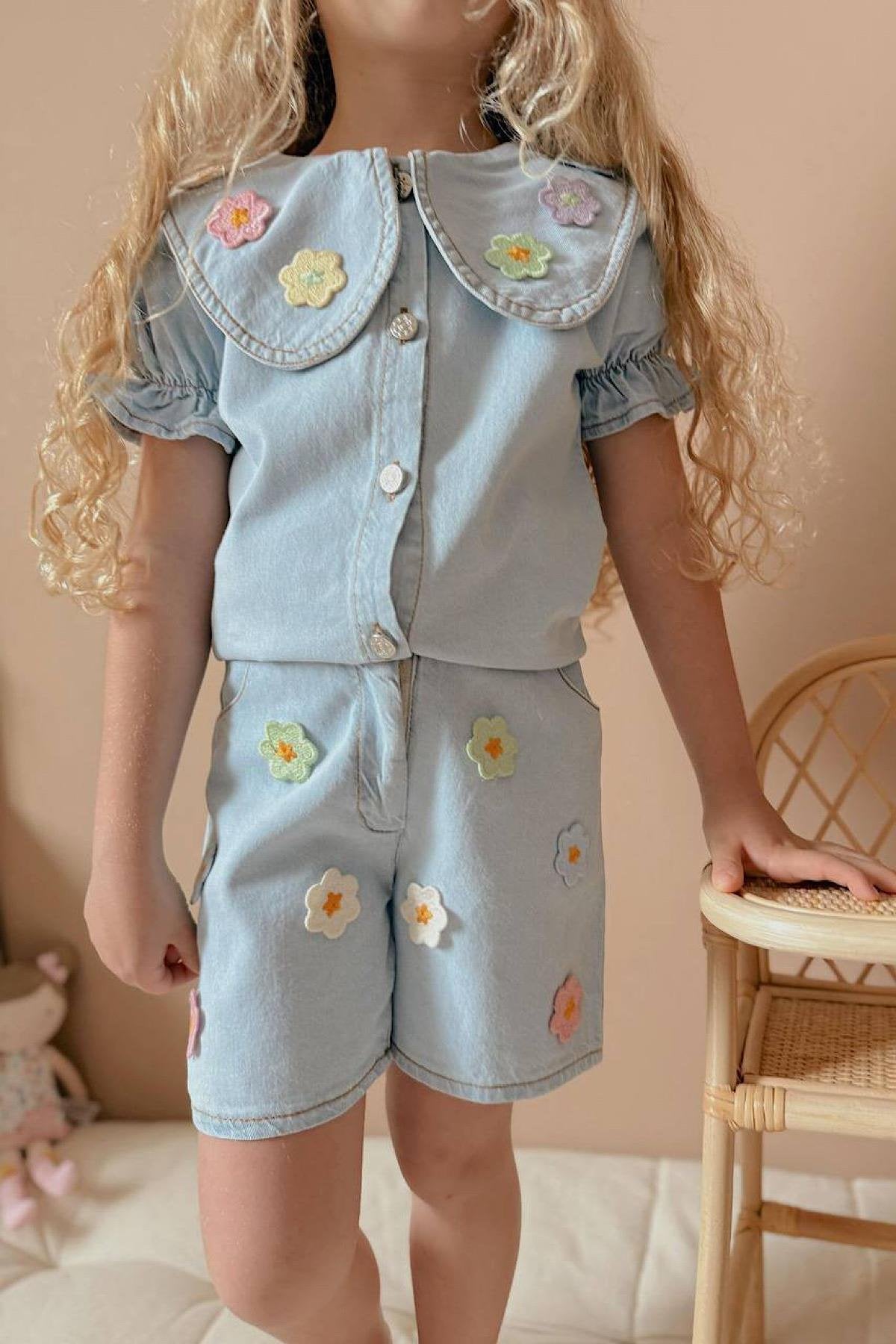 Kız Çocuk Çiçek Aplike Kot Takım