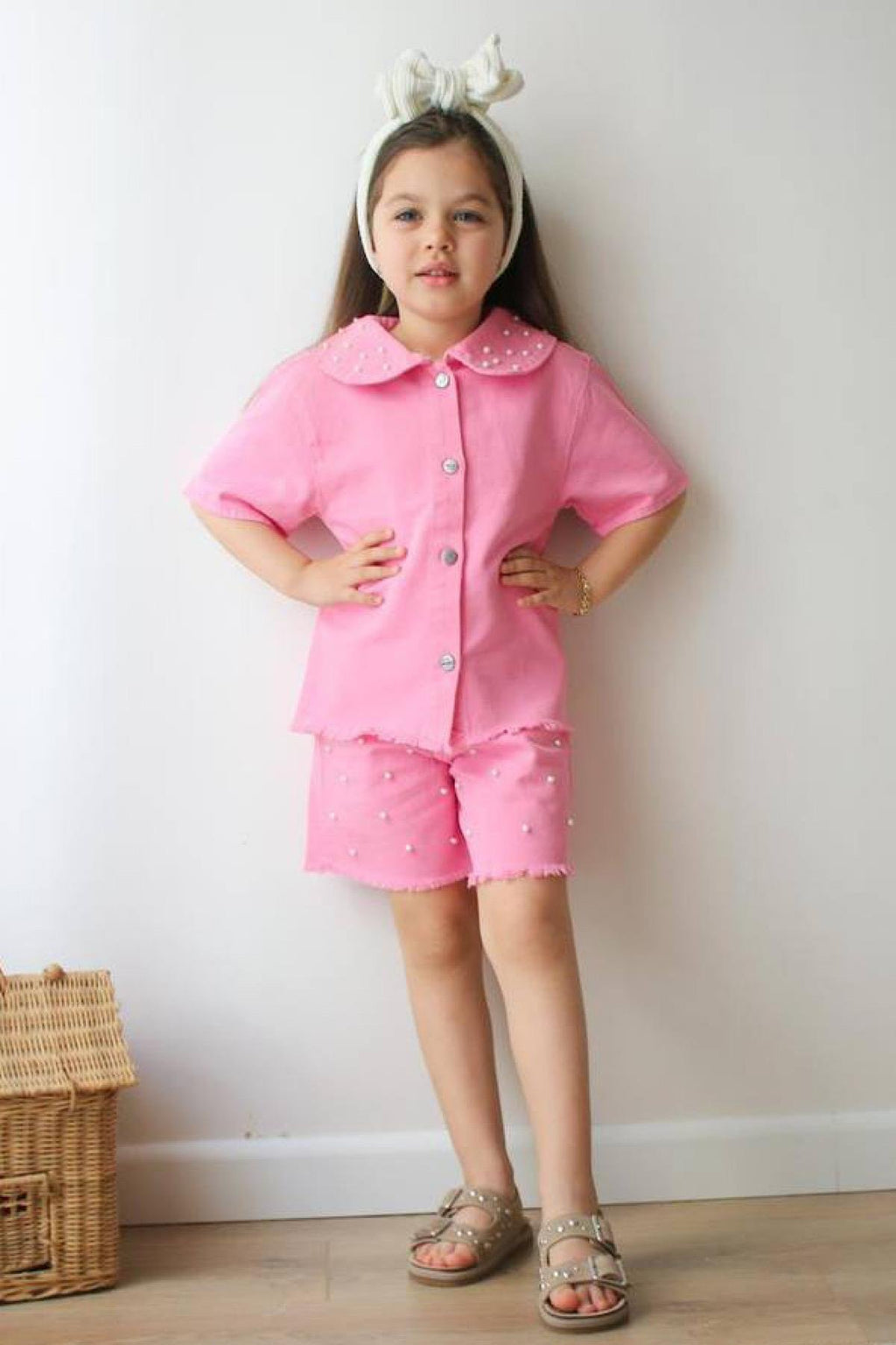 Kız Çocuk İnci Detay Şortlu Takım